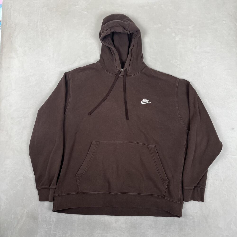 Nike Hoodie Mens 2XL Brown Fleece Pullover Sweatshirt Small Swoosh Y2K Retro